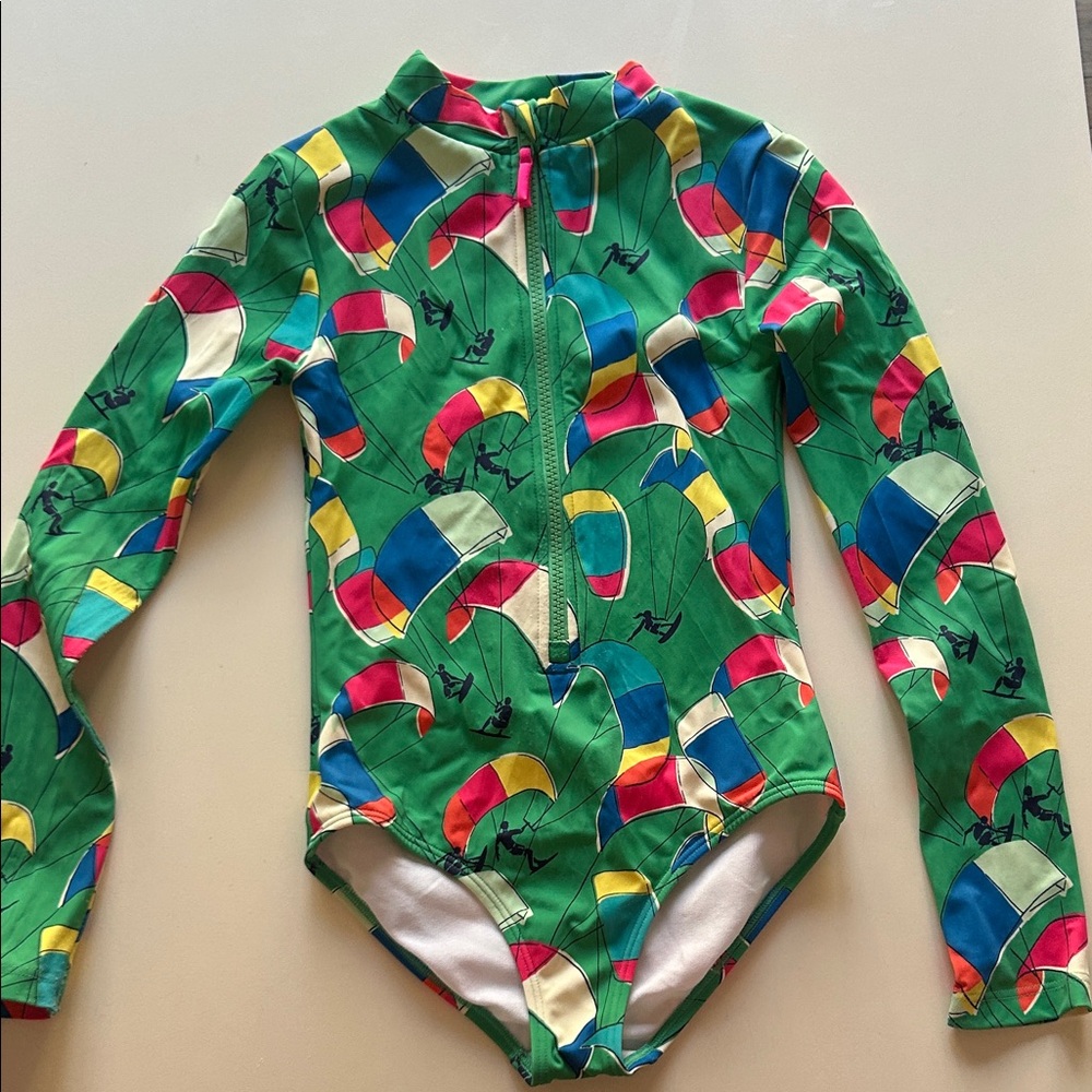 Mini Boden Green Long-Sleeve One-Piece Swimsuit with Multicolor Kite Print